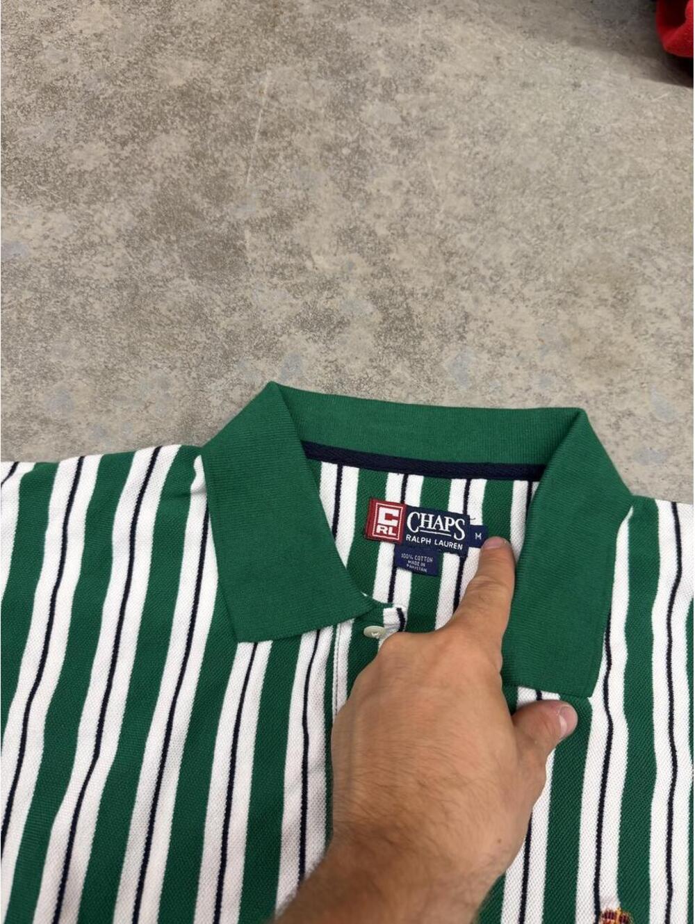 vintage chaps ralph lauren white and green striped polo shirt size medium - Picture 3 of 3
